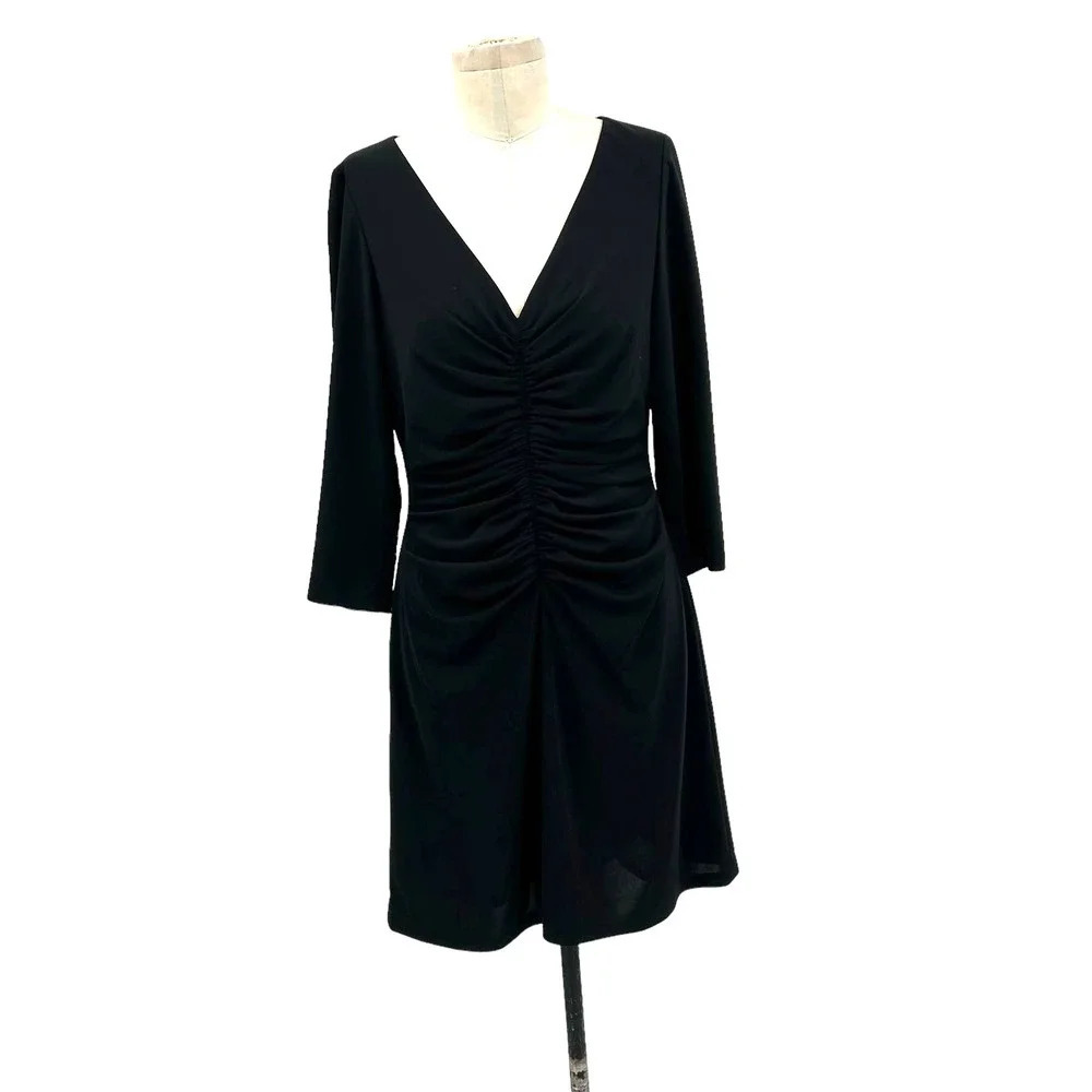 Rickie Freeman‎ for Teri Jon Black Ruched V-neck 3/4 Sleeve Dress Size 10